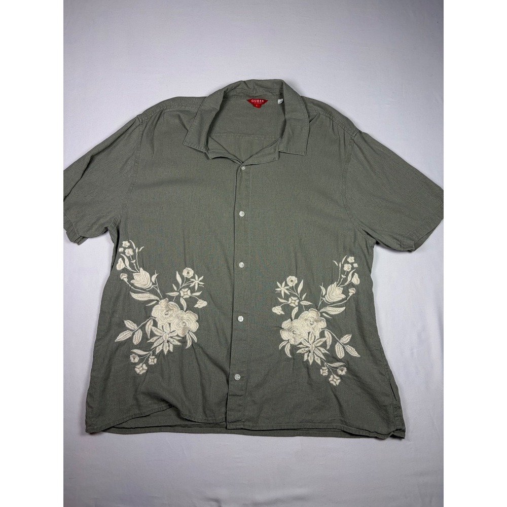Guess Button Down Shirt Floral Embroidered Linen Blend Sage Men L